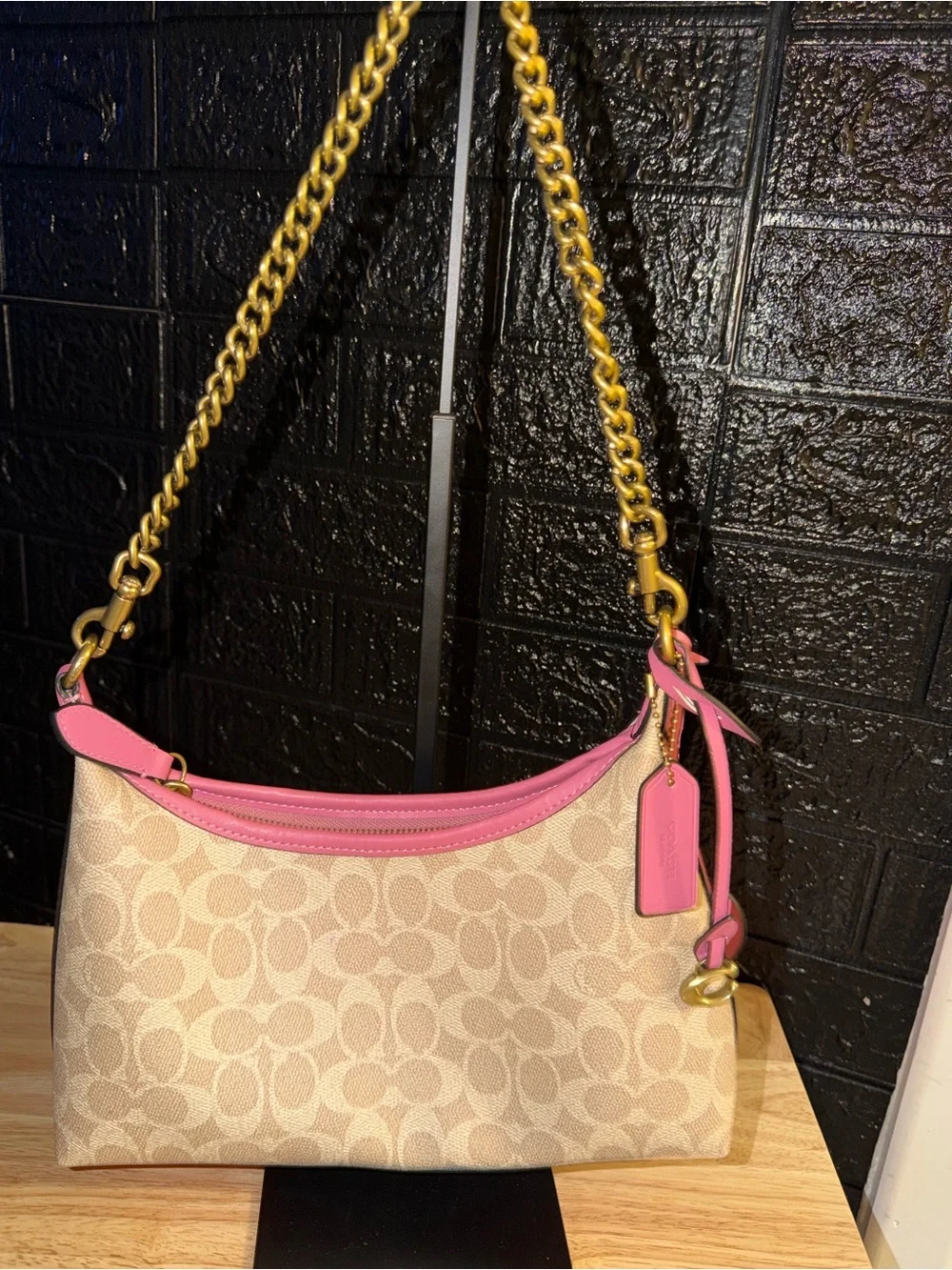 Coach Beige Signature Canvas Shoulder Bag with Pink Trim and Gold Chain